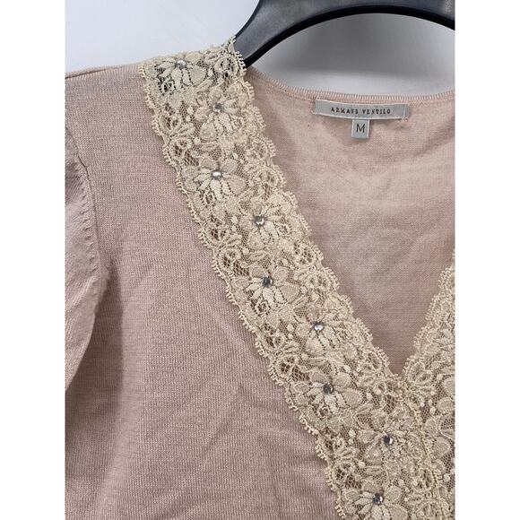 ARMAND VENTILO Women's Light Pink-Beige Wool-Blend V-Neck Lace-Trim Sweater SZ M - Picture 4 of 10